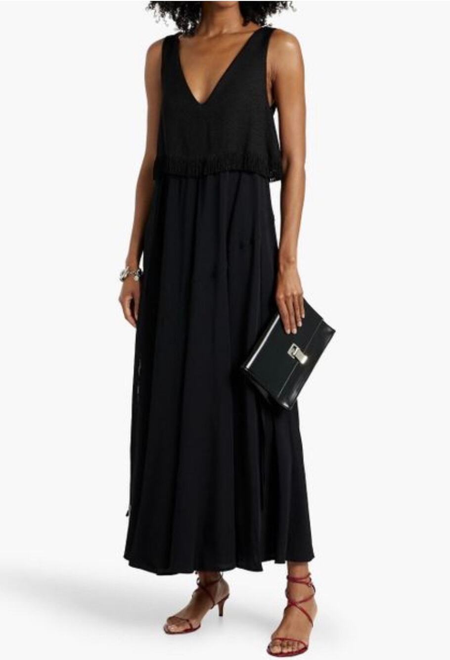 NWT Proenza Schouler Black Lynda Fringed Bouclé-Paneled Crepe Maxi Dress Size 8